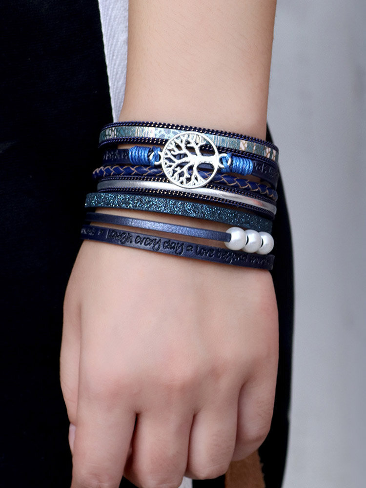 
	Trendy Vintage Ladies Bracelet Hollow Life Tree Embossed Alphabet Pearl Bracelet