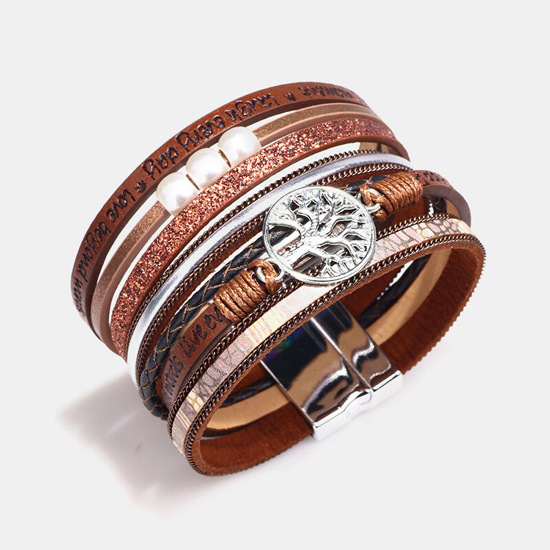 
	Trendy Vintage Ladies Bracelet Hollow Life Tree Embossed Alphabet Pearl Bracelet