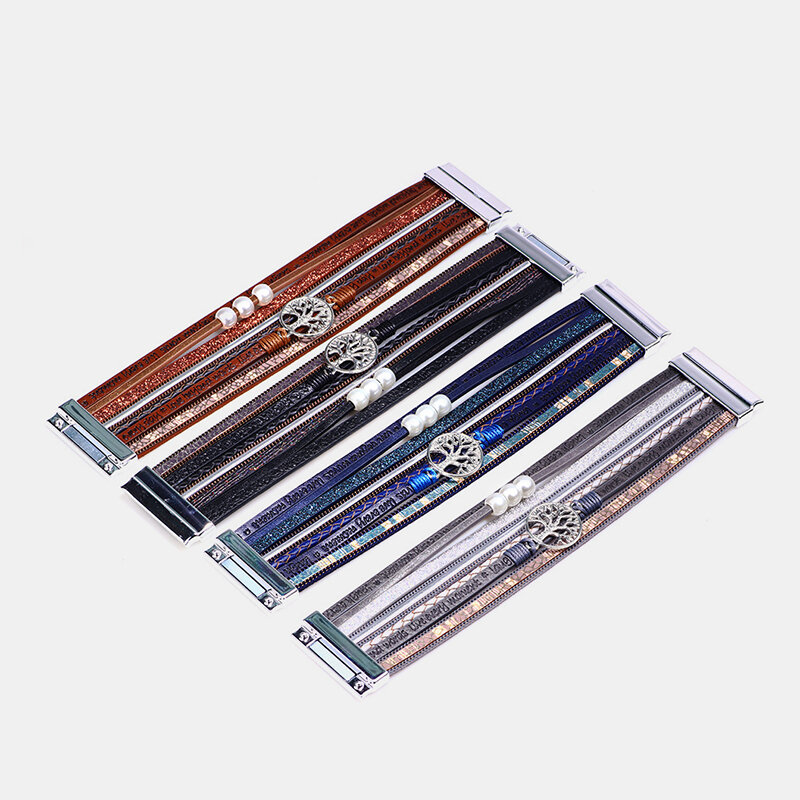 
	Trendy Vintage Ladies Bracelet Hollow Life Tree Embossed Alphabet Pearl Bracelet