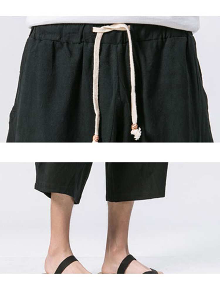 
	Mens Summer Breathable Cotton Linen Solid Color Calf Length Baggy Loose Drawstring Casual Shorts