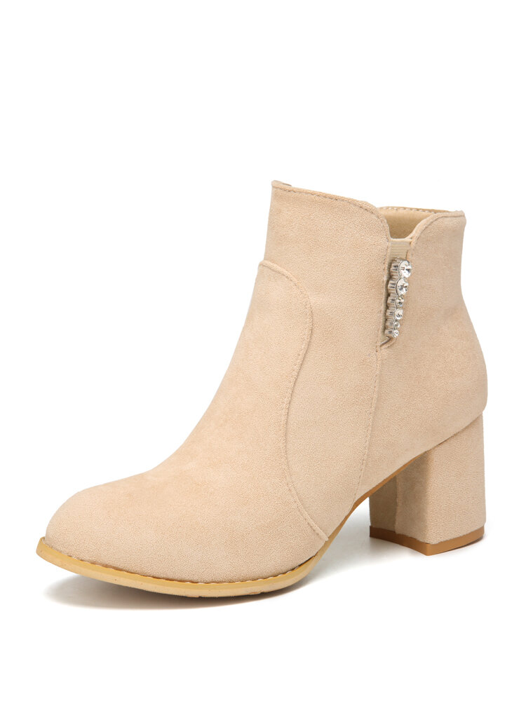 
	Women Suede Rhinestone Almond Toe Side Zipper Chunky Heel Ankle Boots