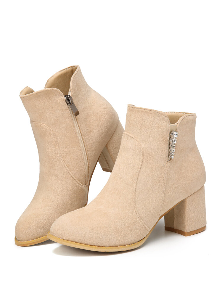 
	Women Suede Rhinestone Almond Toe Side Zipper Chunky Heel Ankle Boots
