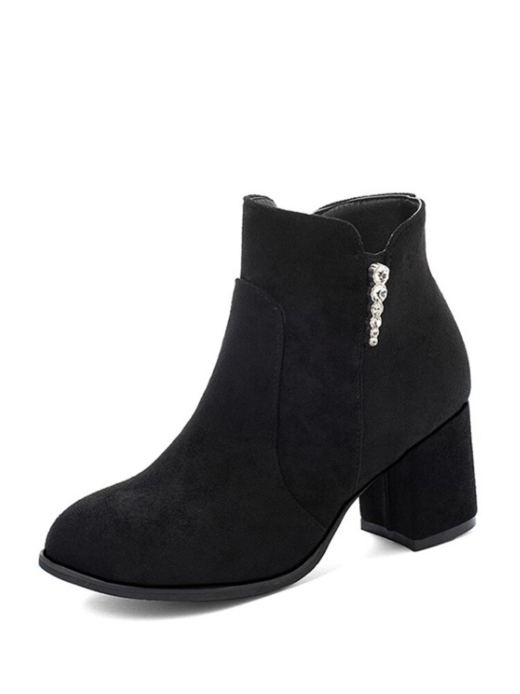 
	Women Suede Rhinestone Almond Toe Side Zipper Chunky Heel Ankle Boots
