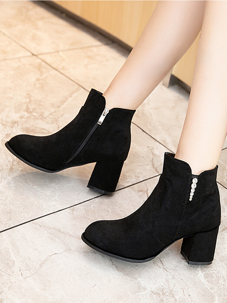 
	Women Suede Rhinestone Almond Toe Side Zipper Chunky Heel Ankle Boots