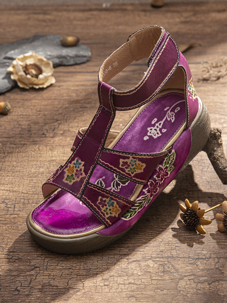 
	SOCOFY Flowers Print Genuine Leather Ankle Strap Hook Loop Comfy Wearable Platform Sandals