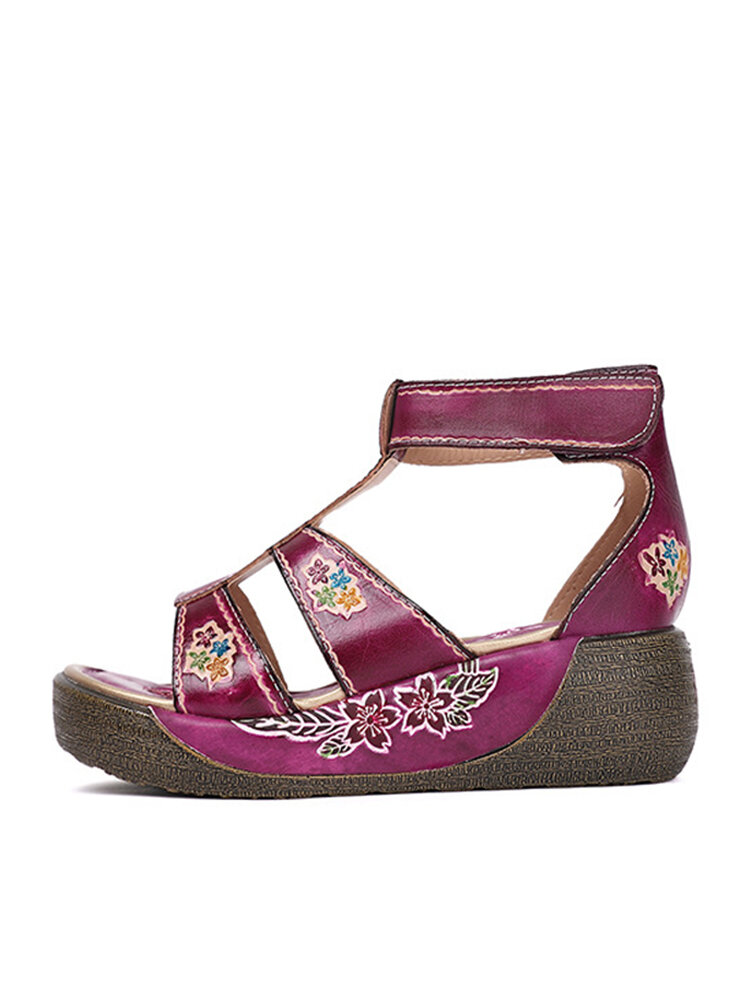 
	SOCOFY Flowers Print Genuine Leather Ankle Strap Hook Loop Comfy Wearable Platform Sandals