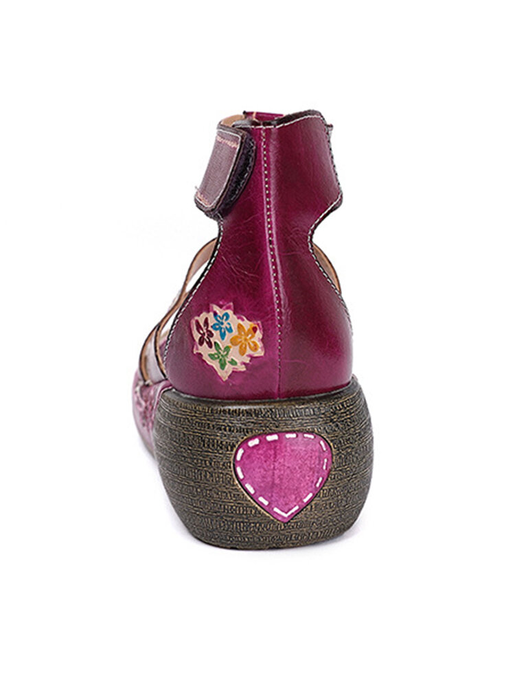 
	SOCOFY Flowers Print Genuine Leather Ankle Strap Hook Loop Comfy Wearable Platform Sandals