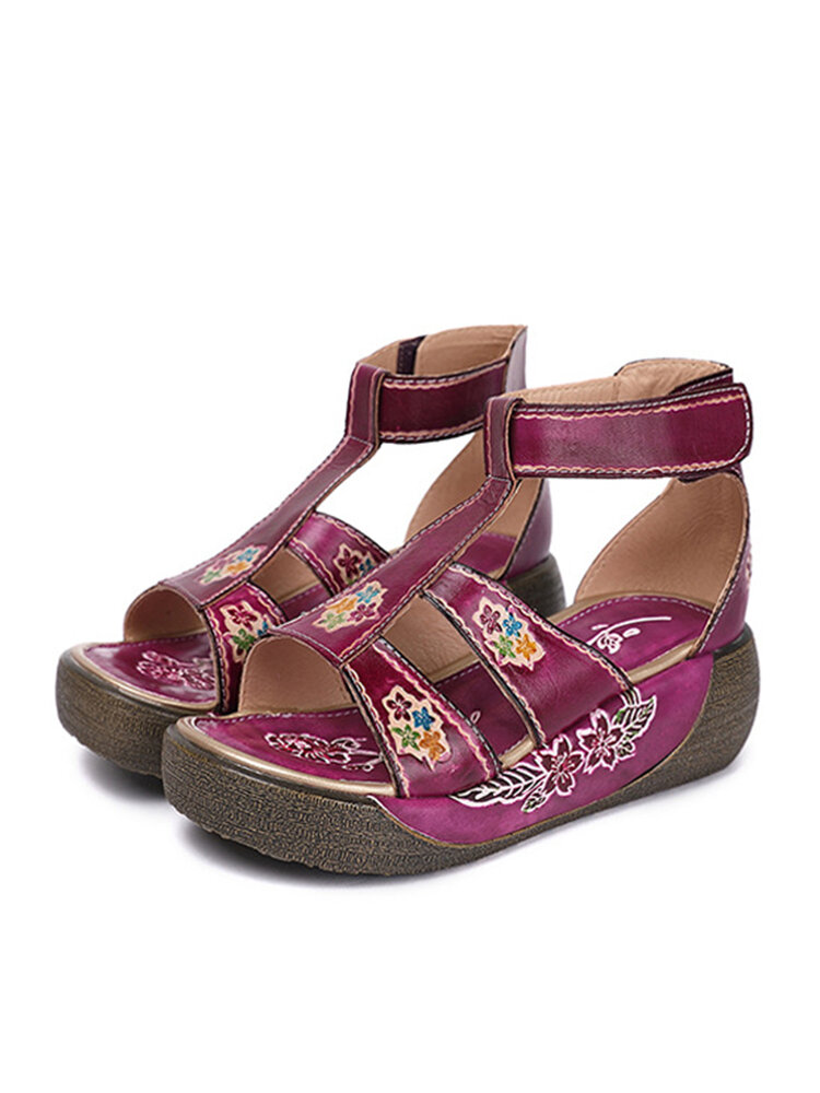 
	SOCOFY Flowers Print Genuine Leather Ankle Strap Hook Loop Comfy Wearable Platform Sandals
