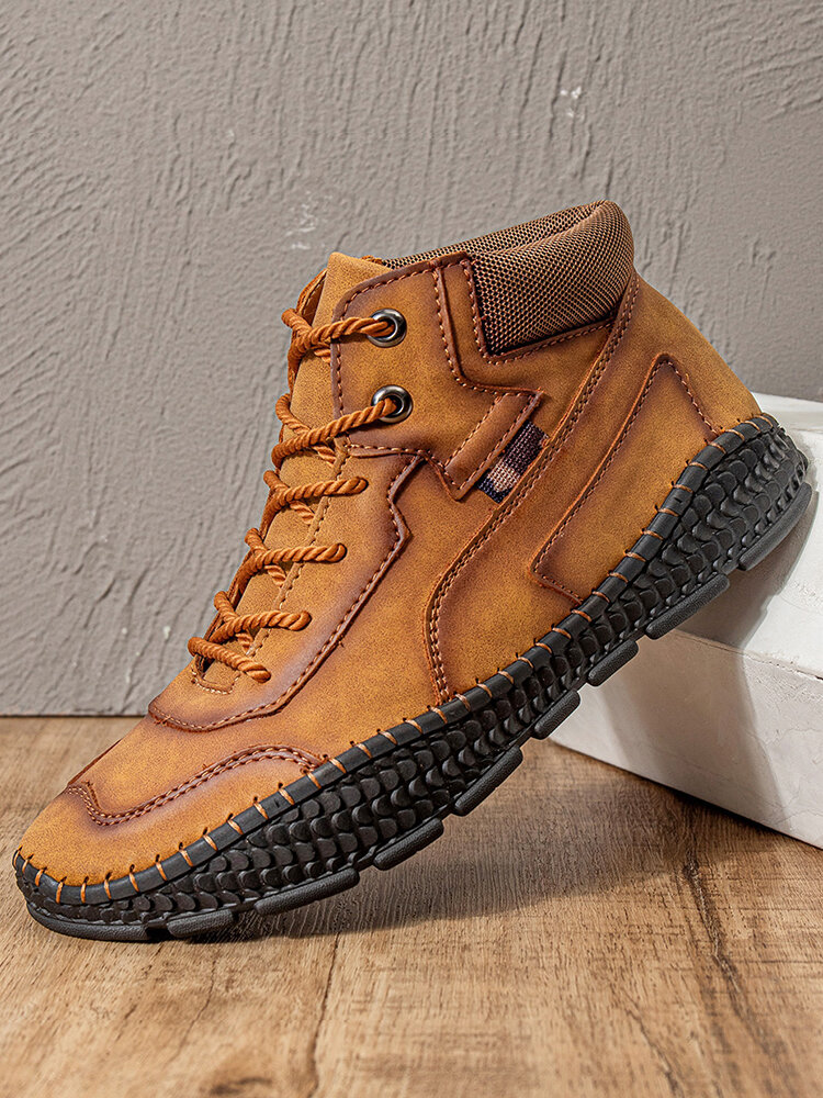 
	Men Hand Stitching Microfiber Leather Lace Up Ankle Boots