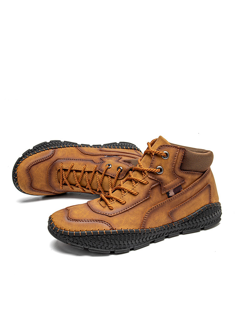
	Men Hand Stitching Microfiber Leather Lace Up Ankle Boots