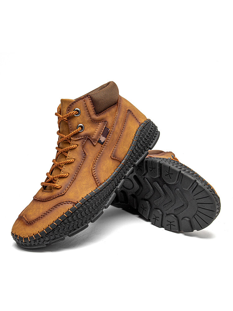 
	Men Hand Stitching Microfiber Leather Lace Up Ankle Boots