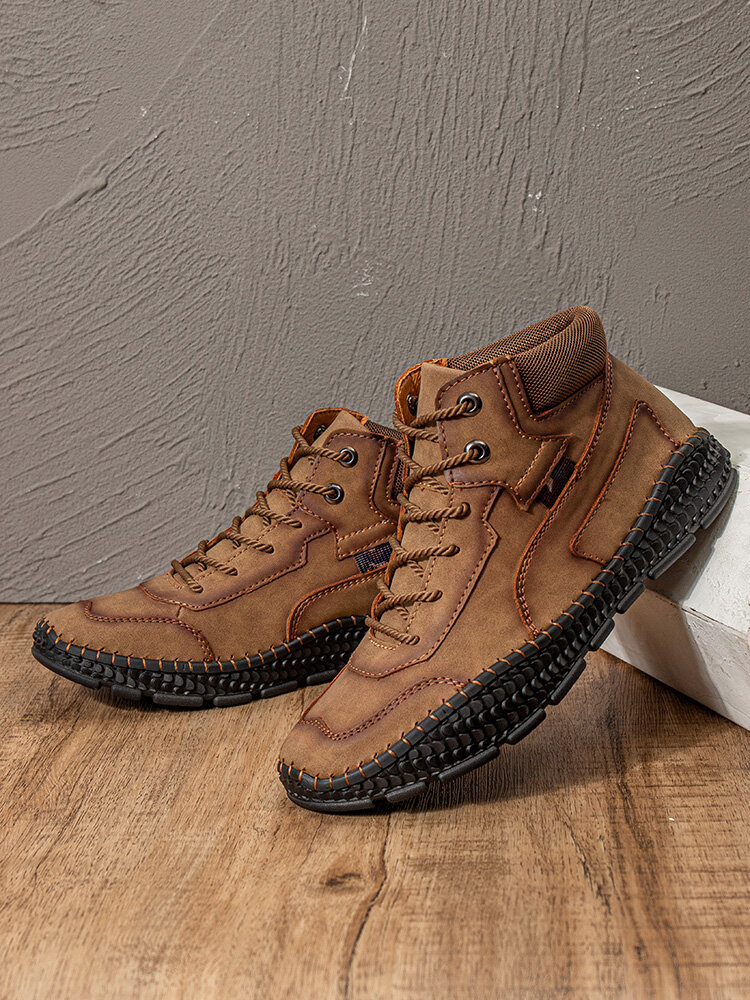 
	Men Hand Stitching Microfiber Leather Lace Up Ankle Boots