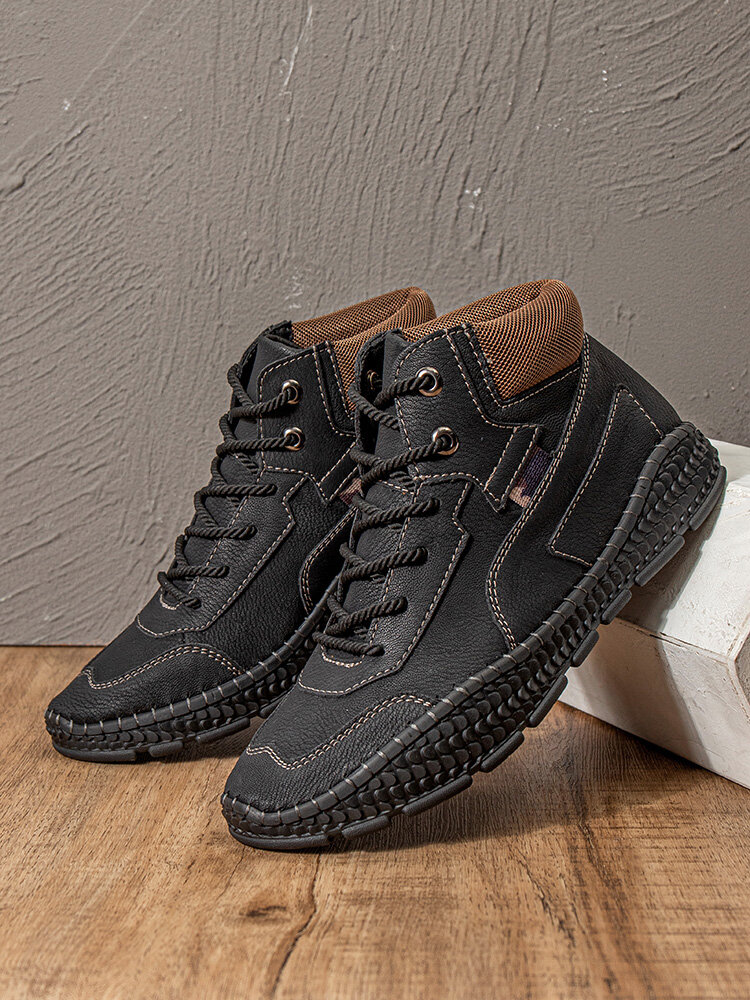 
	Men Hand Stitching Microfiber Leather Lace Up Ankle Boots