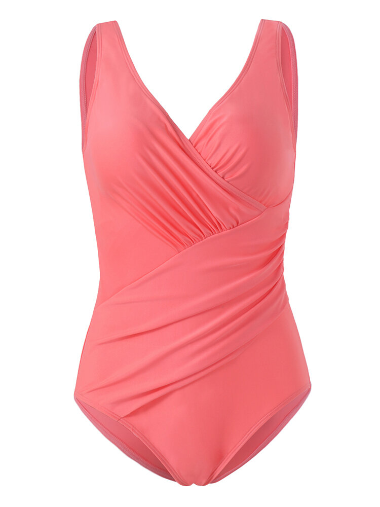 
	Plus Size Solid Color Ruffled V Neck Backless Figure Flattering One Piece Swimsuits For Women
