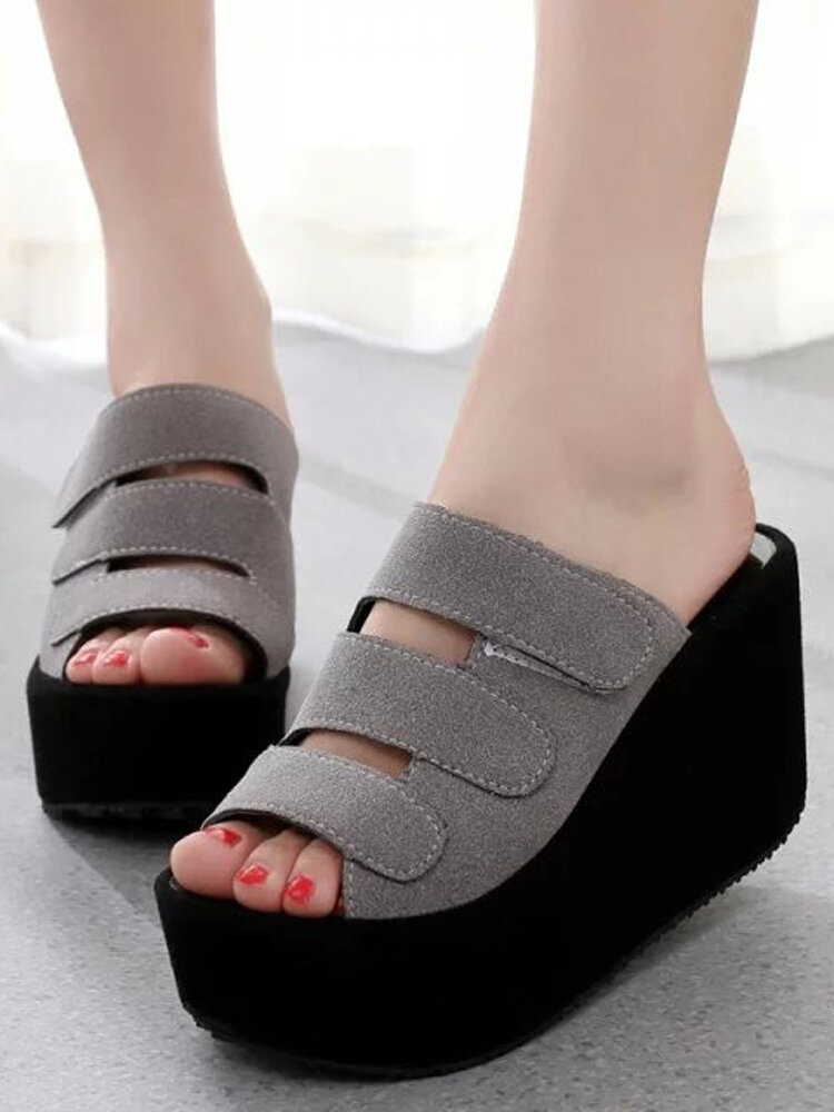 
	Adjustable Hook Loop Peep Toe Platform Wedges Slippers