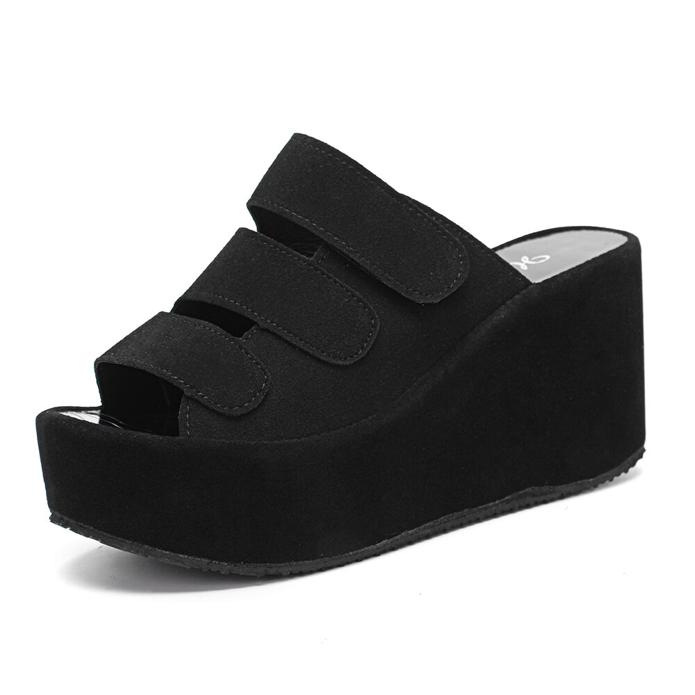 
	Adjustable Hook Loop Peep Toe Platform Wedges Slippers