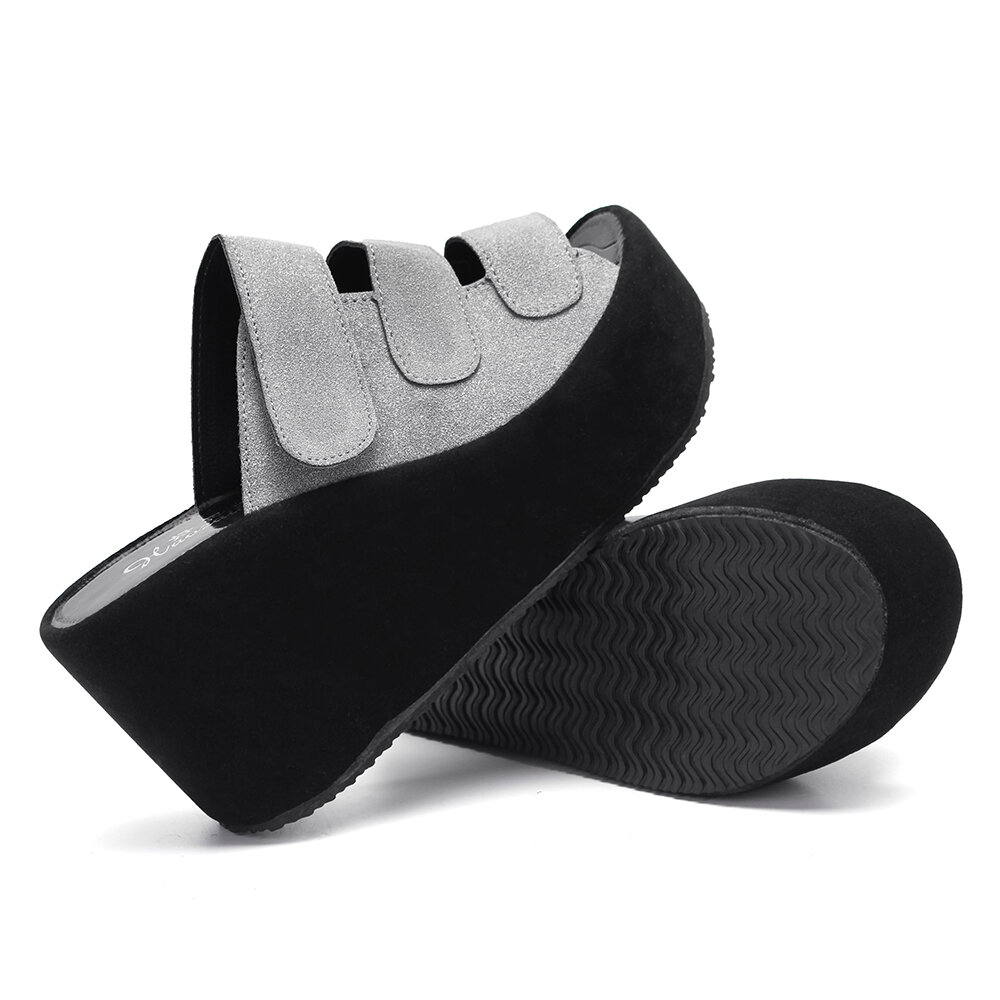 
	Adjustable Hook Loop Peep Toe Platform Wedges Slippers