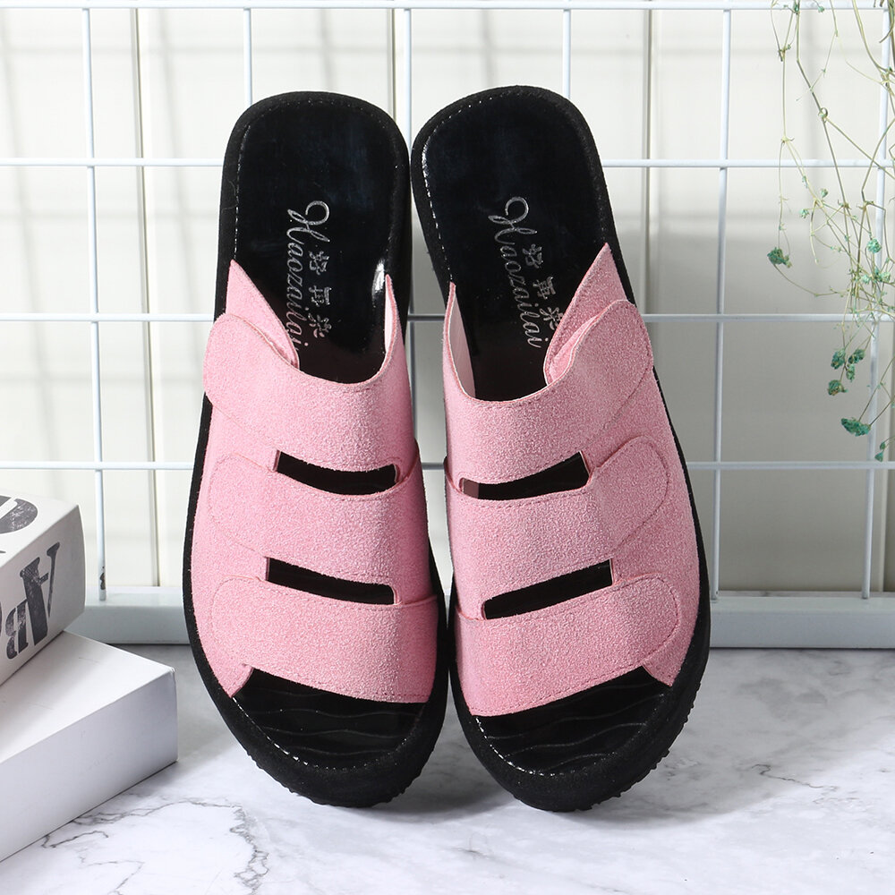 
	Adjustable Hook Loop Peep Toe Platform Wedges Slippers