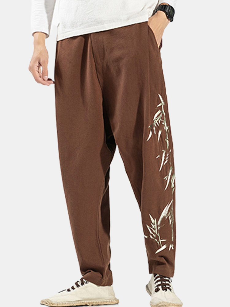 
	Mens Cotton Linen Embroidery Chinese style Loose Straight Harem Pants