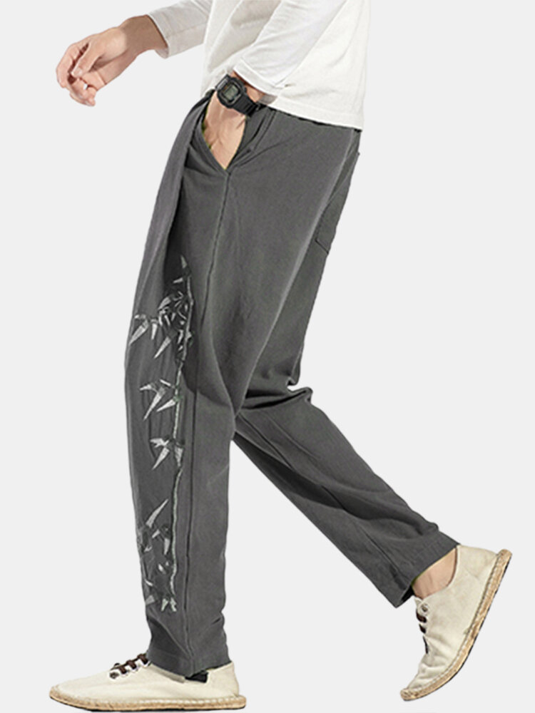 
	Mens Cotton Linen Embroidery Chinese style Loose Straight Harem Pants