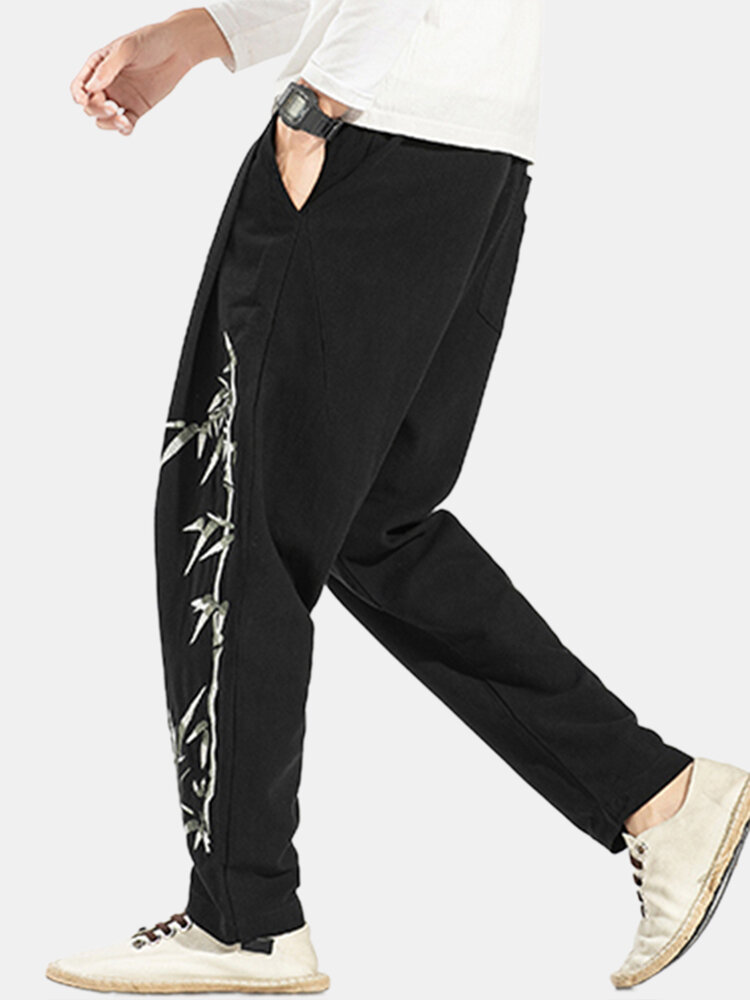 
	Mens Cotton Linen Embroidery Chinese style Loose Straight Harem Pants