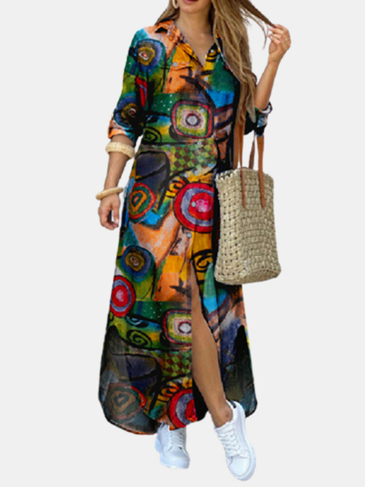 
	Print Long Sleeve Lapel Button Plus Size Dress with Pocket