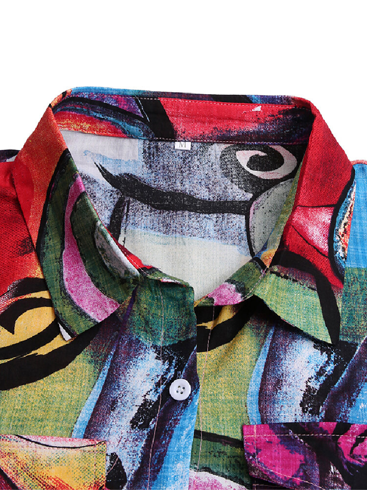 
	Print Long Sleeve Lapel Button Plus Size Dress with Pocket