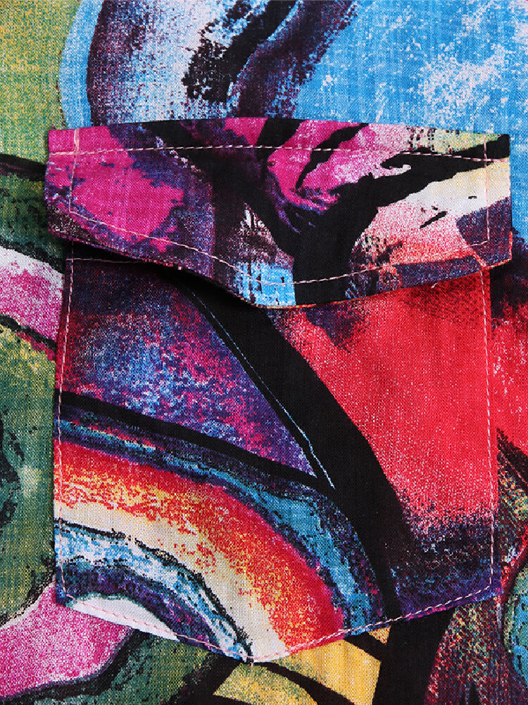 
	Print Long Sleeve Lapel Button Plus Size Dress with Pocket