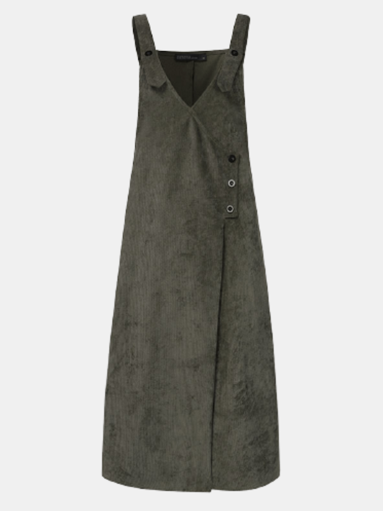 
	Corduroy V-neck Sleeveless Button Plus Size Jumpsuit Dress for Women