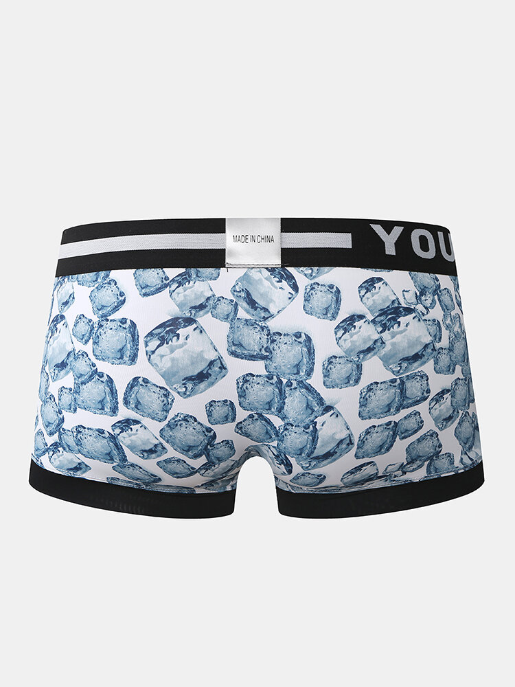 
	Men Nylon Ice Silk Bule Print Patchwork Boxer Briefs Letter Waistband Breathable Pouch Underwear