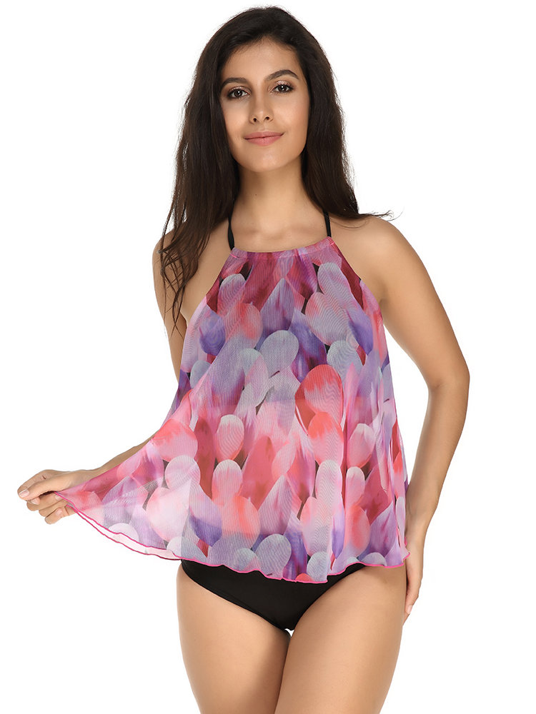 
	Plus Size Women Printed Plaid Halter String Backless Cozy Tankinis Swimsuits