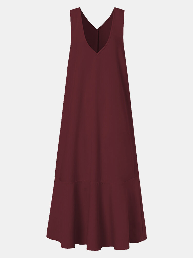 
	Solid Color Sleeveless V-neck Maxi Casual Dress For Women