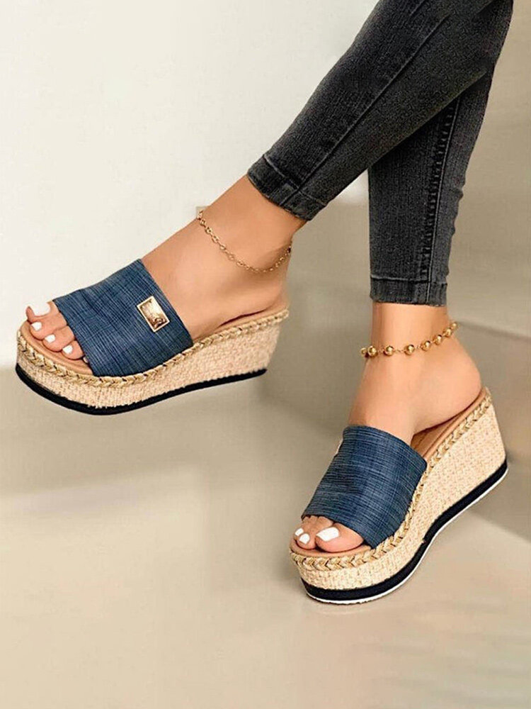 
	Plus Size Casual Solid Color Open Toe Espadrilles Platform Slippers