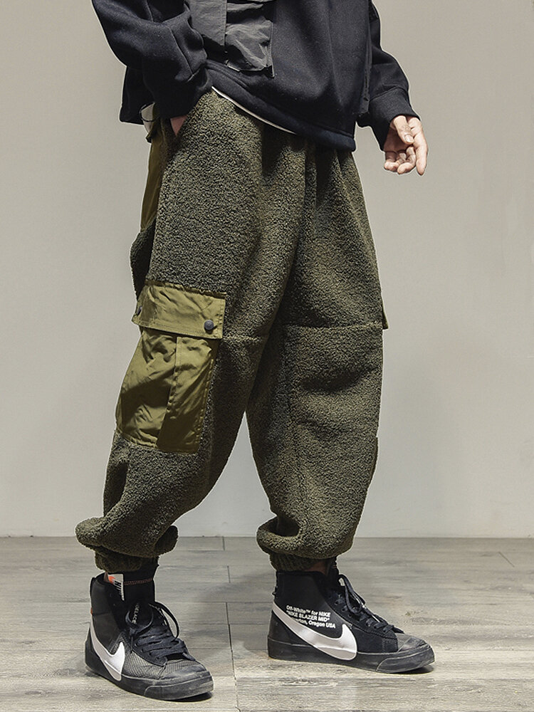 
	Mens Plush Thick Multi-Pocket Casual Drawstring Waist Teddy Jogger Pants