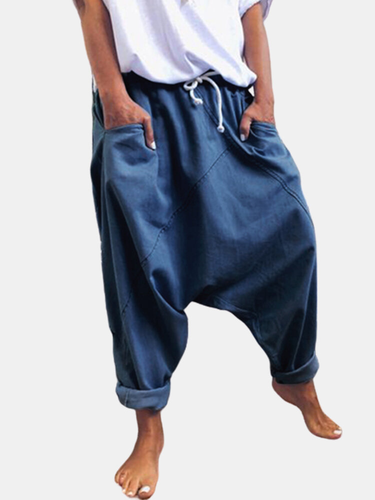 
	Casual Solid Color Drop Crotch Plus Size Harem Pants