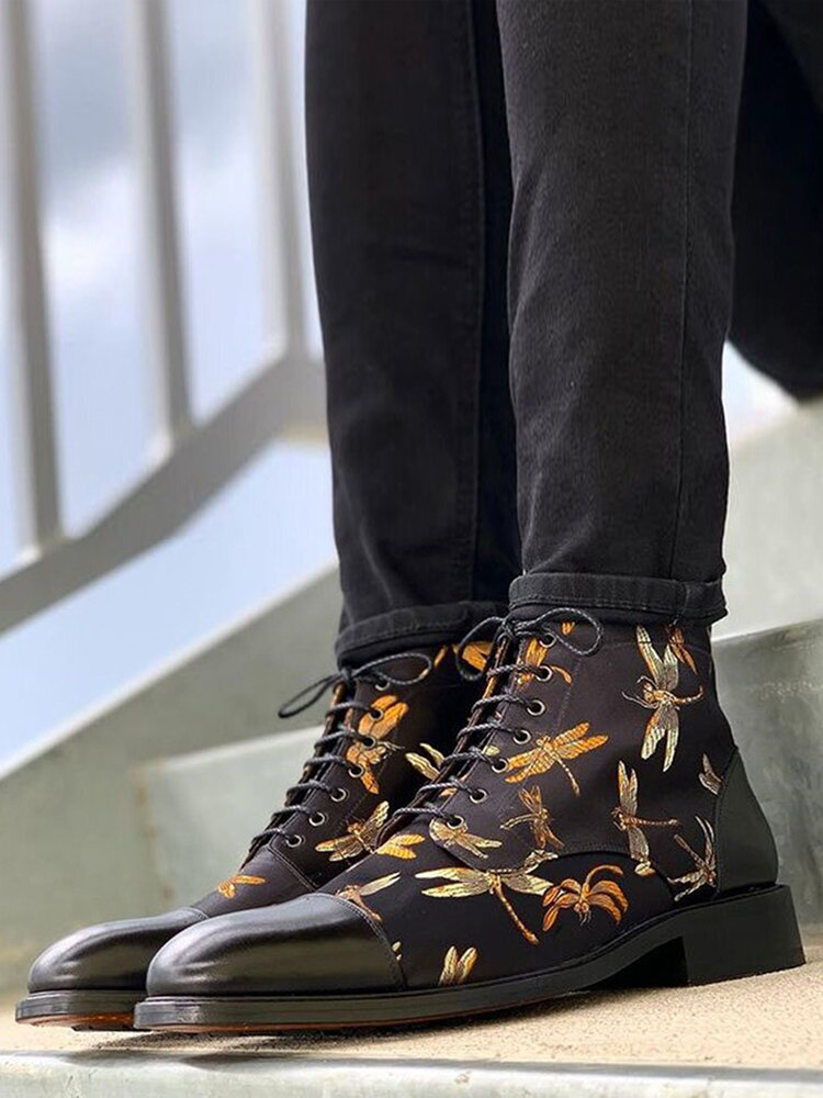 
	Men British Style Cap Toe Splicing Dragonflies Printed Cloth Ankle Jack Boots