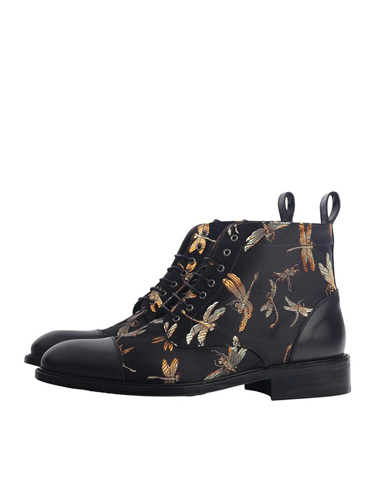 
	Men British Style Cap Toe Splicing Dragonflies Printed Cloth Ankle Jack Boots