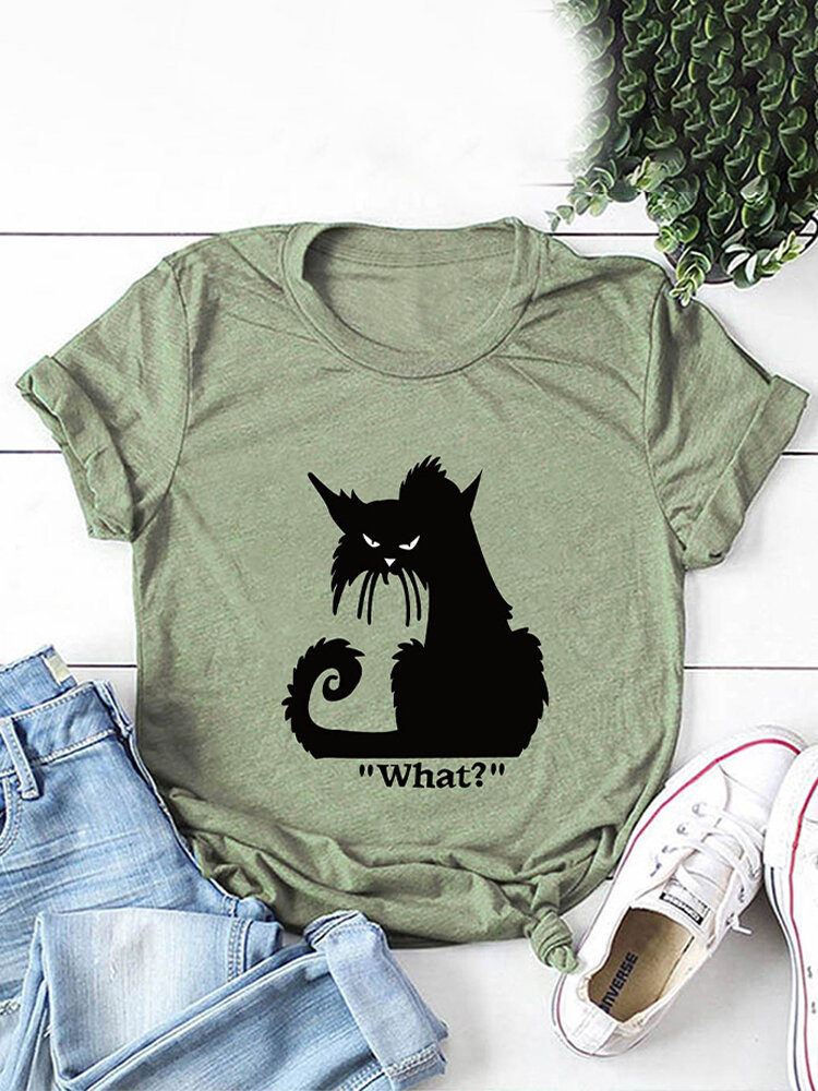 
	Cartoon Cat Printed Short Sleeve O-neck T-shirt For Women