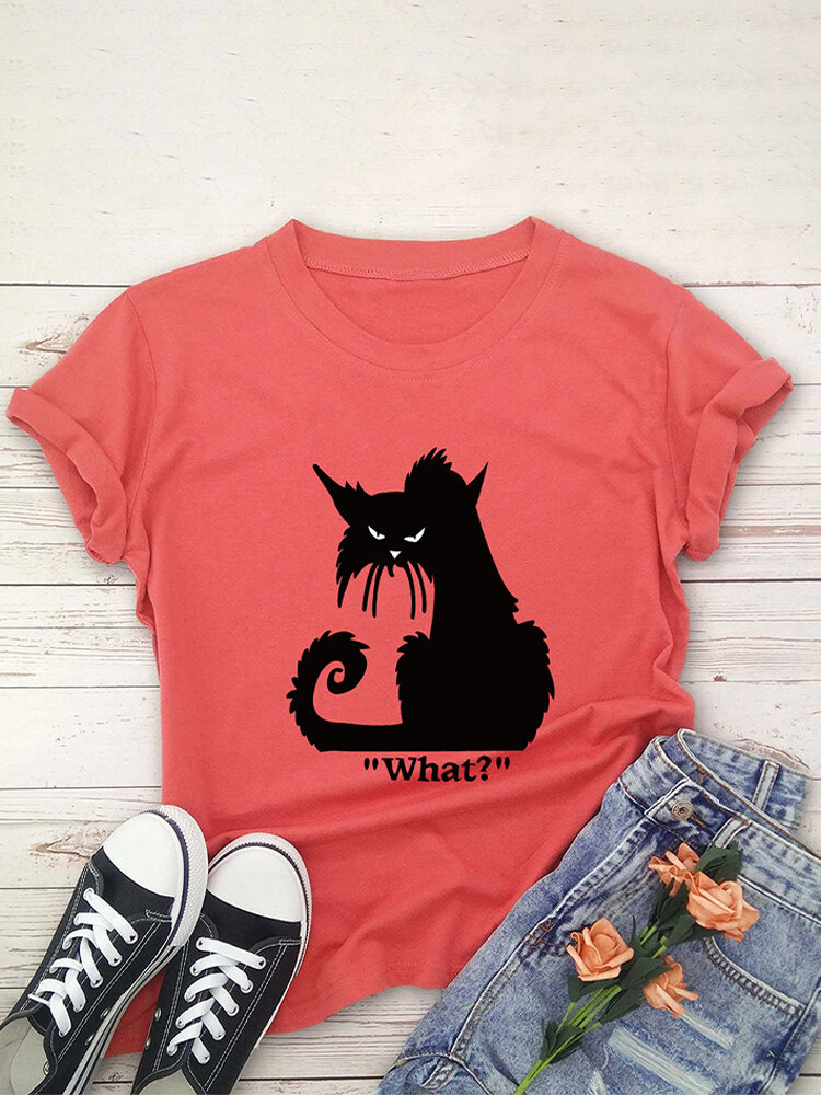 
	Cartoon Cat Printed Short Sleeve O-neck T-shirt For Women