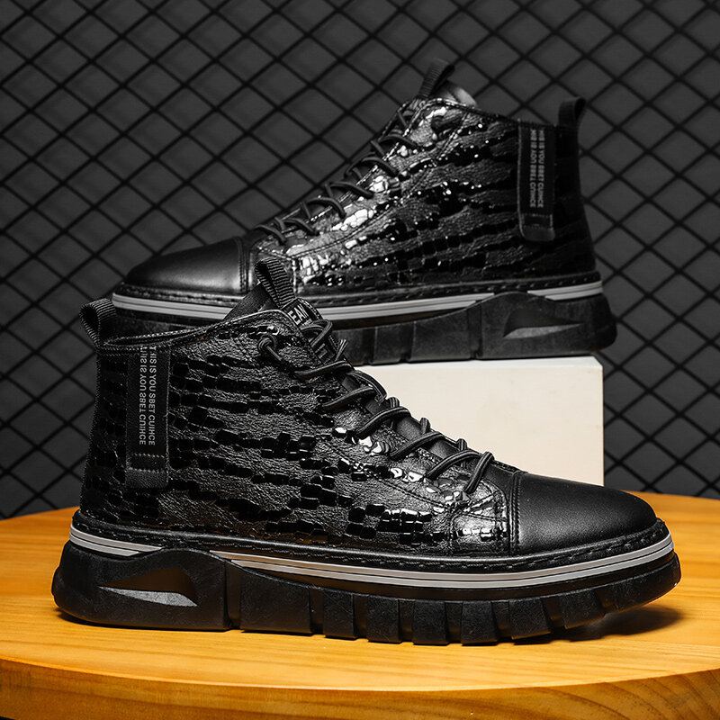 
	Men Stitching Alligator Veins Pure Color Wearable Casual Ankle Boots