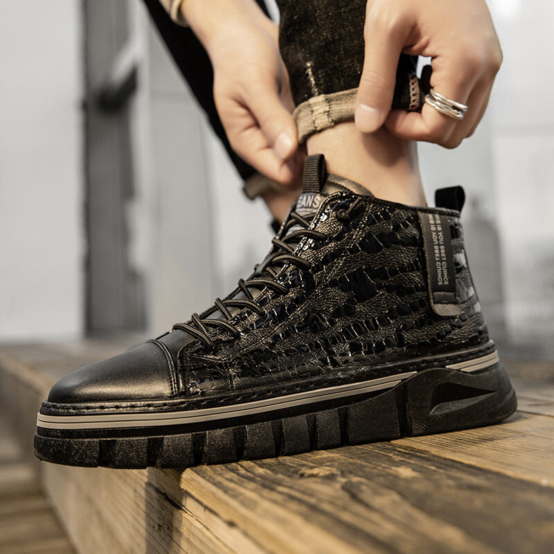 
	Men Stitching Alligator Veins Pure Color Wearable Casual Ankle Boots