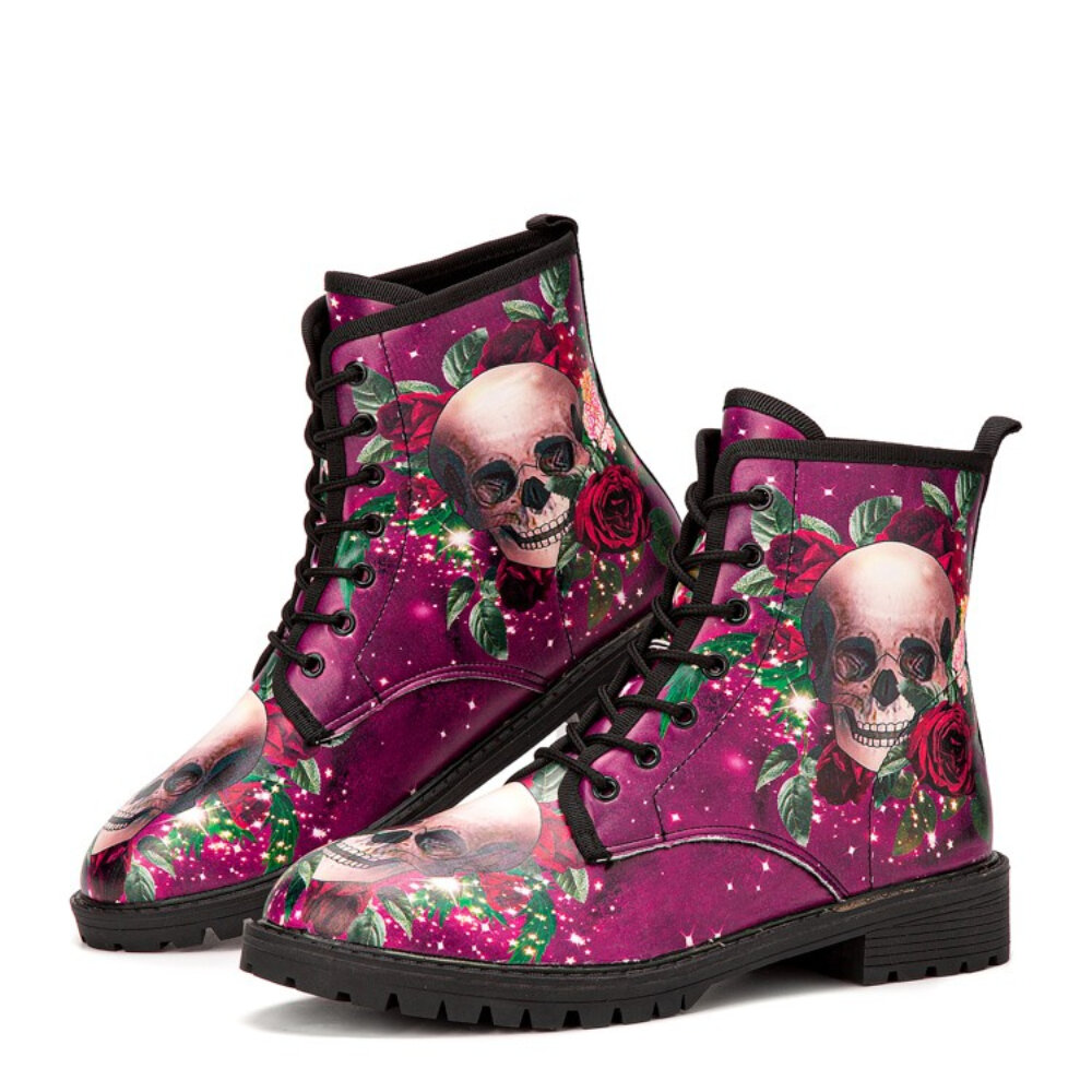
	Men Halloween Skull Roses Pattern Stylish Colorful Short-Calf Boots