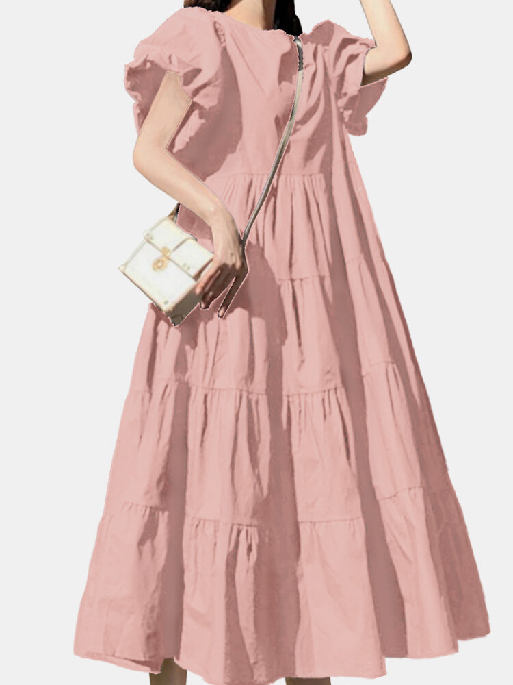 
	Solid Color Short Puff Sleeve Pleated Casual Loose Dress