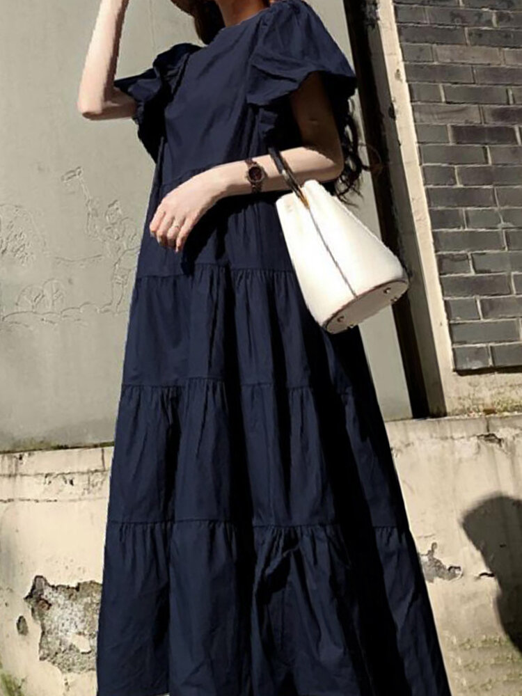 
	Solid Color Short Puff Sleeve Pleated Casual Loose Dress