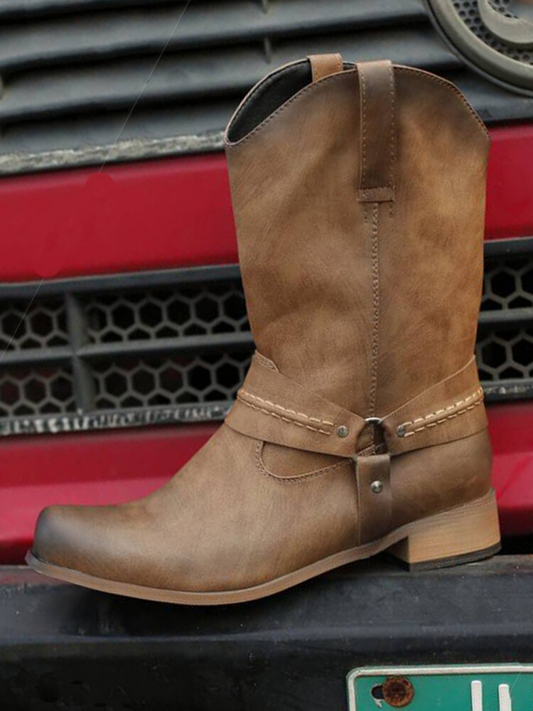 
	Men High Top Metal Buckle Square Toe Cow Boy Boots