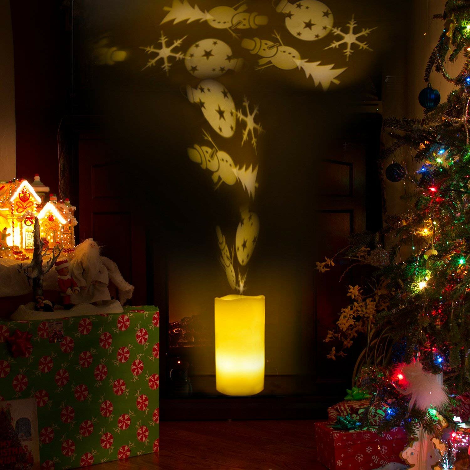 
	Battery Powered Christmas Snowflake LED Candle Light Flameless Projection Flickering Remote Control
