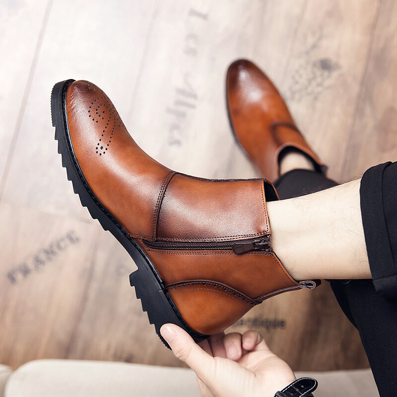 
	Men British Style Broguo Side Zipper Comfy Wearable Formal Ankle Boots