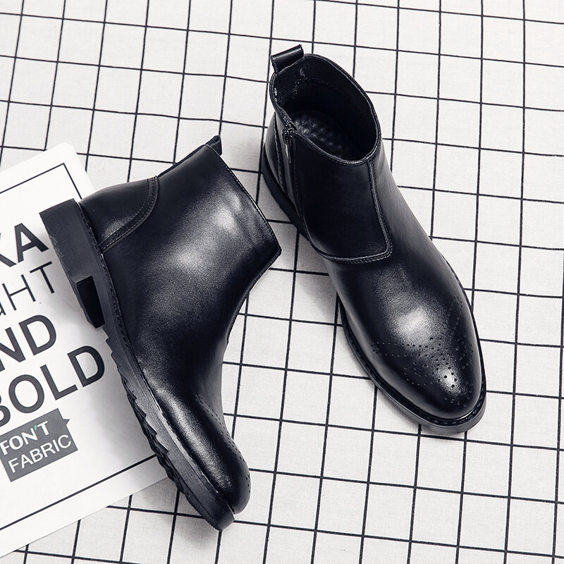 
	Men British Style Broguo Side Zipper Comfy Wearable Formal Ankle Boots