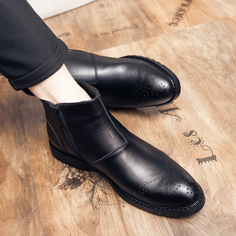 
	Men British Style Broguo Side Zipper Comfy Wearable Formal Ankle Boots