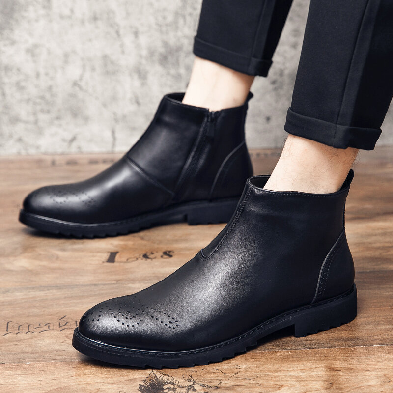 
	Men British Style Broguo Side Zipper Comfy Wearable Formal Ankle Boots